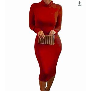 Red Turtleneck Dress Midi